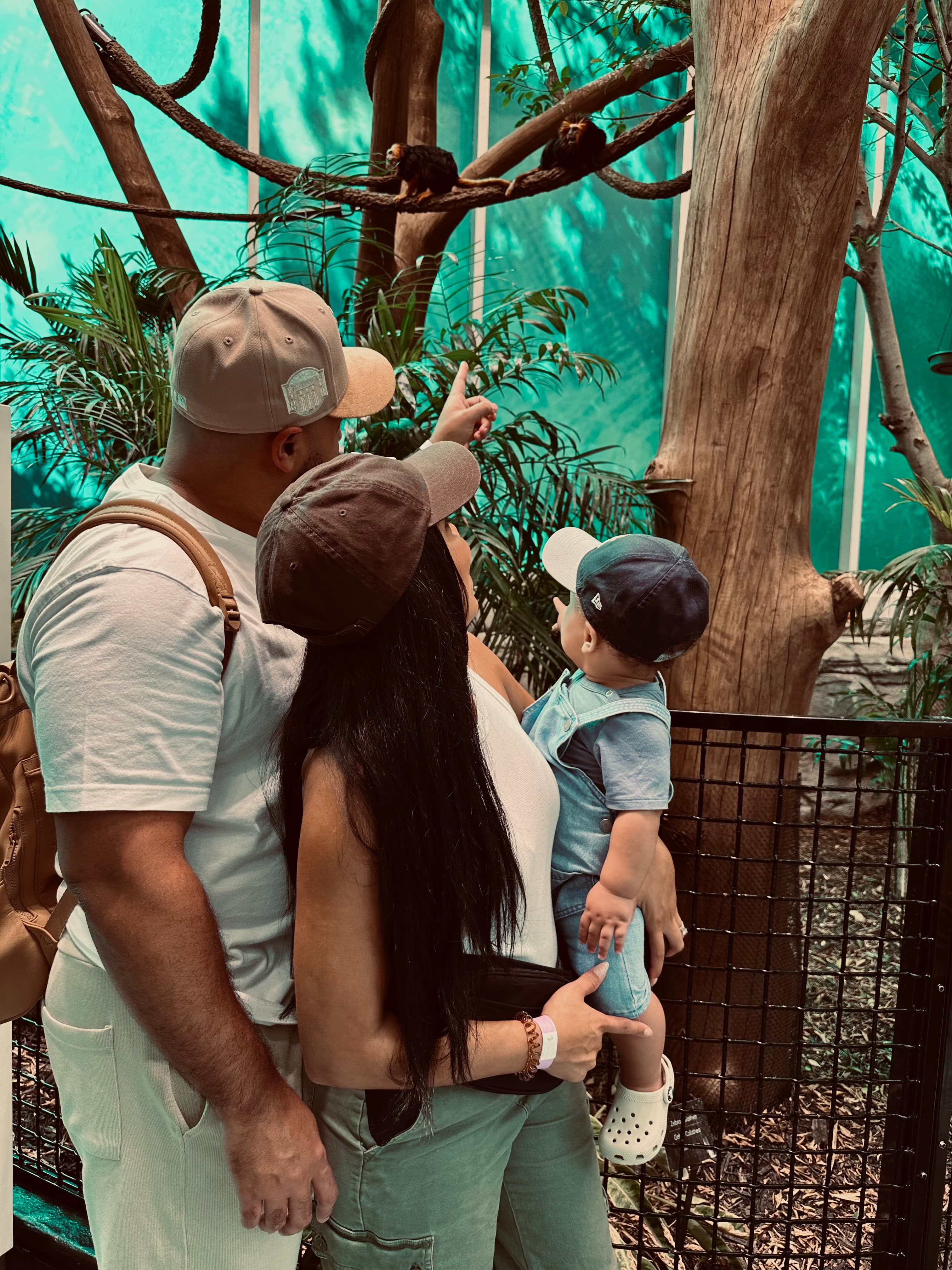 Advisor holding her child with her partner at a zoo enclosure