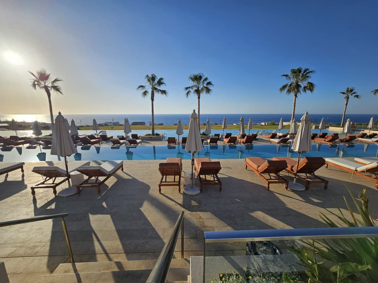 A view of a resort pool deck surrounded by lounge chairs, palm trees, a swimming pool and the ocean. 