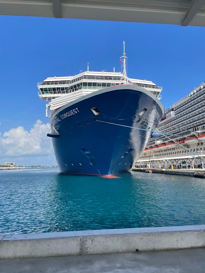 View of the front of a cruise ship in port on a clear day