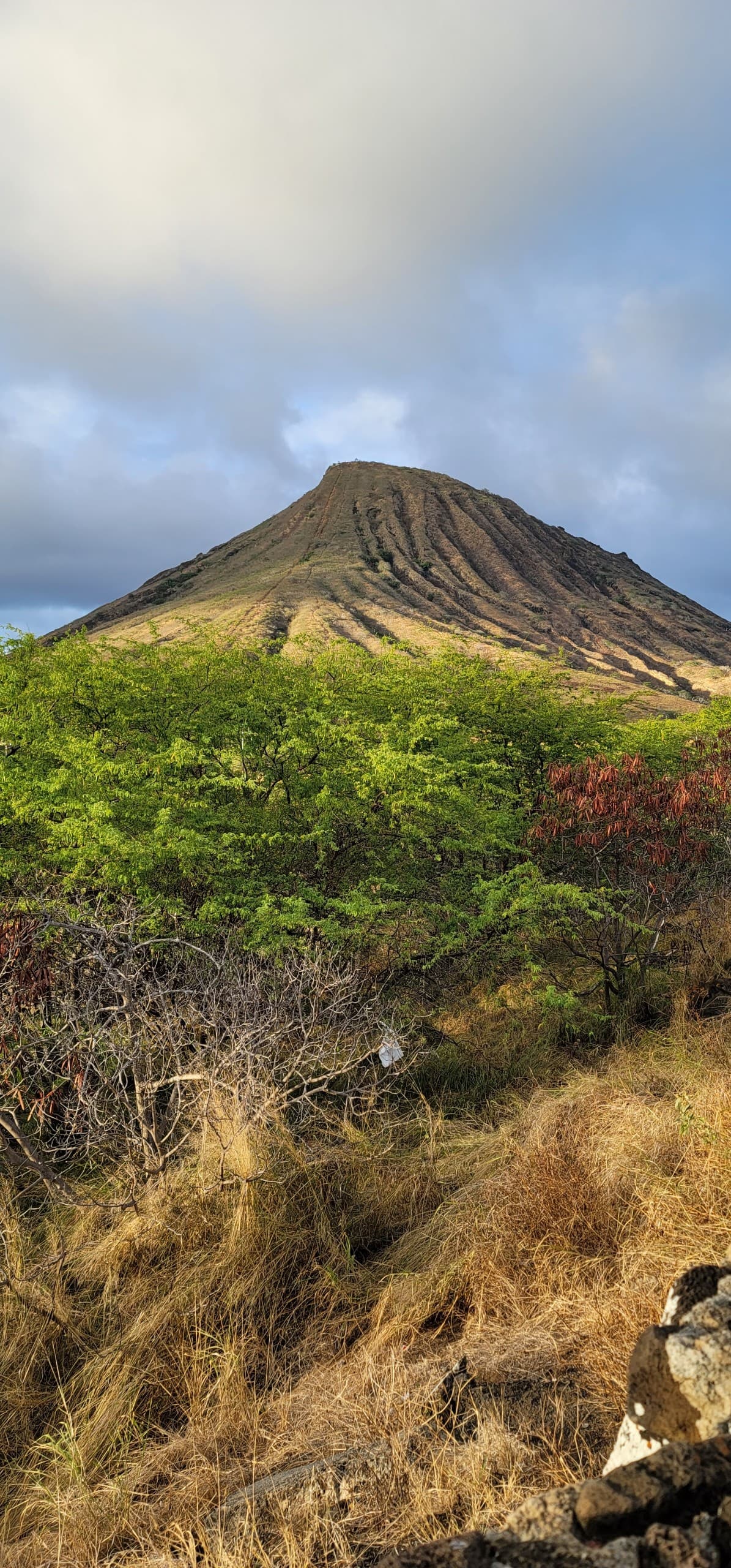 View of a solitary mountain under some cloud cover as seen from below