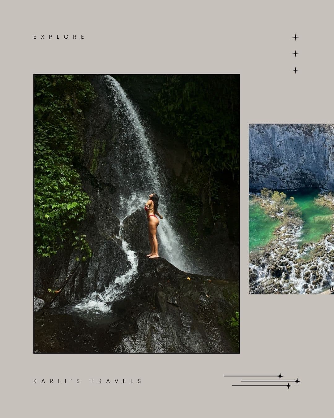 Advisor standing on a black rock with a waterfall pouring down on her