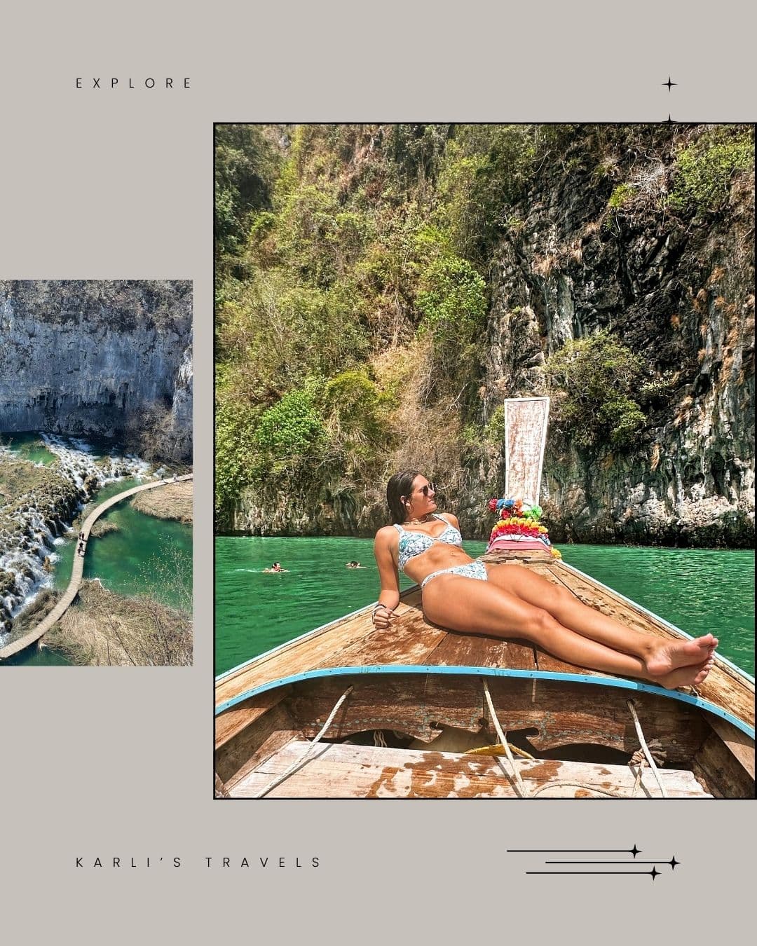 Advisor lounging on the front of a boat with dramatic cliffs behind her