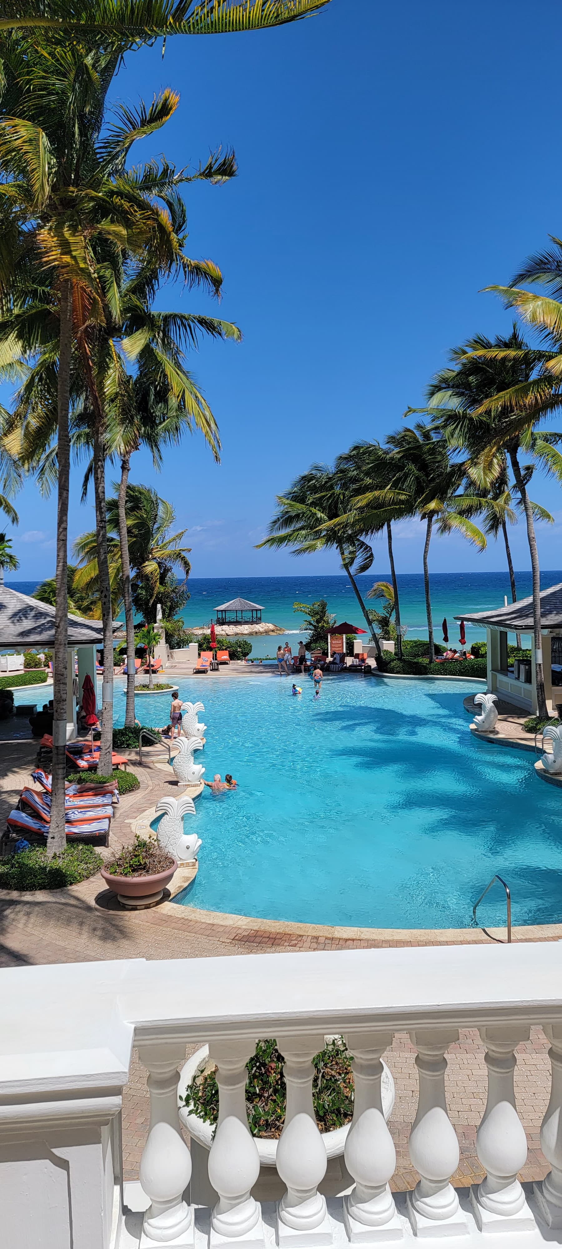 A view of a resort swimming pool surrounded by palm trees, lounge chairs and a white balcony in the forefront of the image.