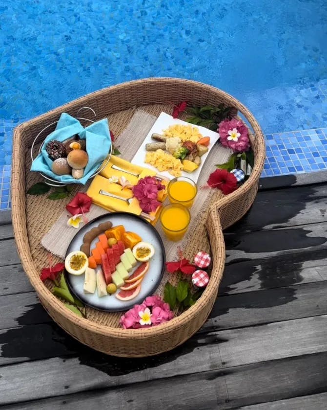 Breakfast on a floating tray in the pool
