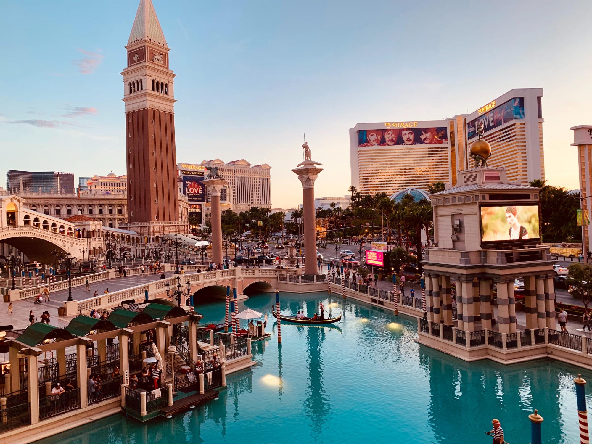View of hotels in Las Vegas strip from The Venetian during sunrise