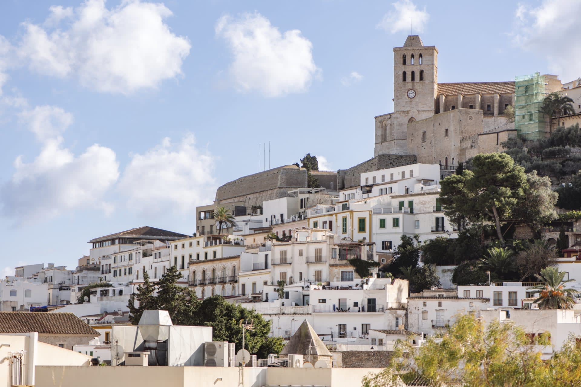 View of a hillside town with white buildings and a stone fort at the top