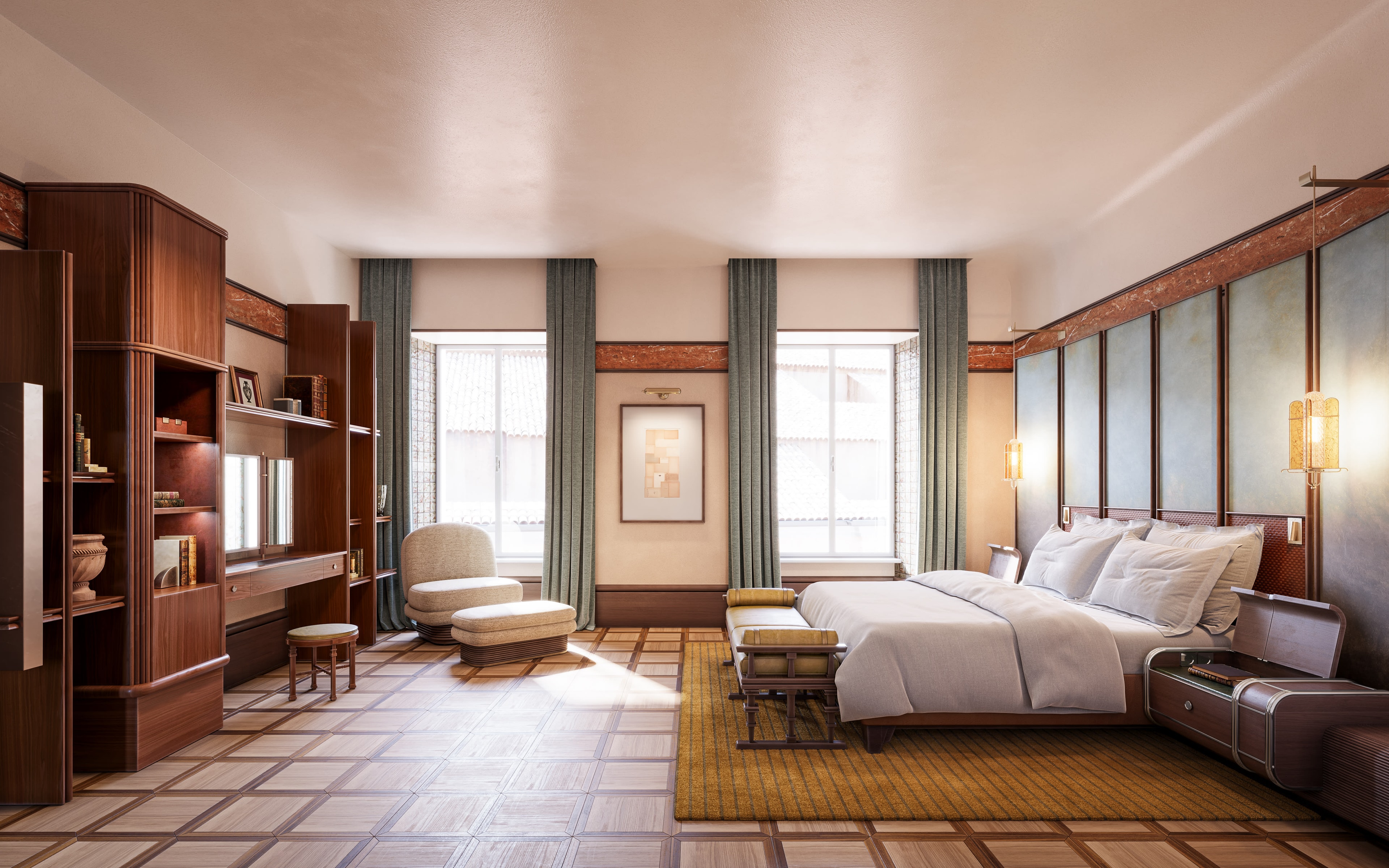 A spacious and elegant hotel room with tiled flooring, brown wood and pale green furnishings.