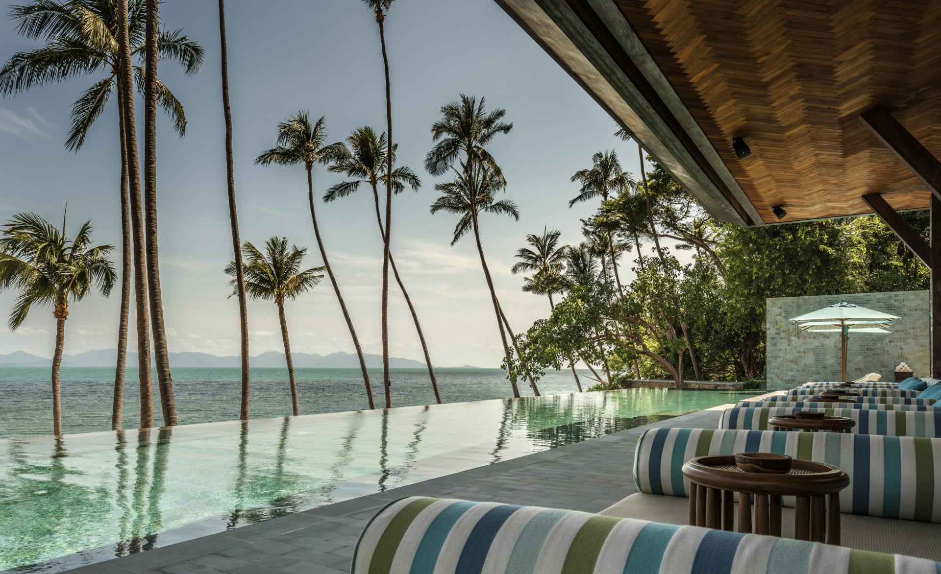 View of an infinity pool with palm trees and ocean beyond