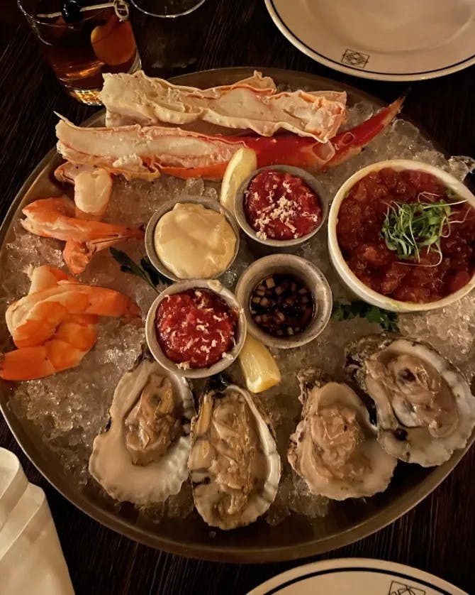 A tray of seafood at a restaurant.