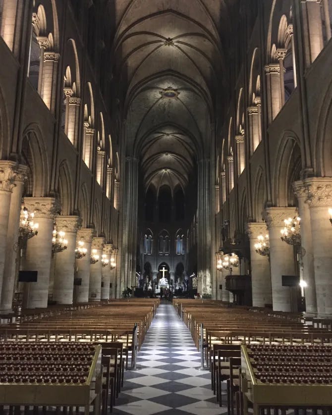 The interior of Nore Dame in Paris, France 