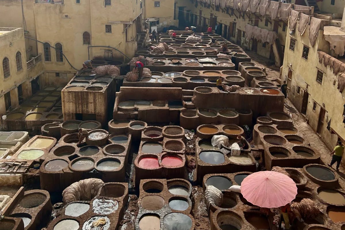 An aerial view of the tannery in Fes during daytime