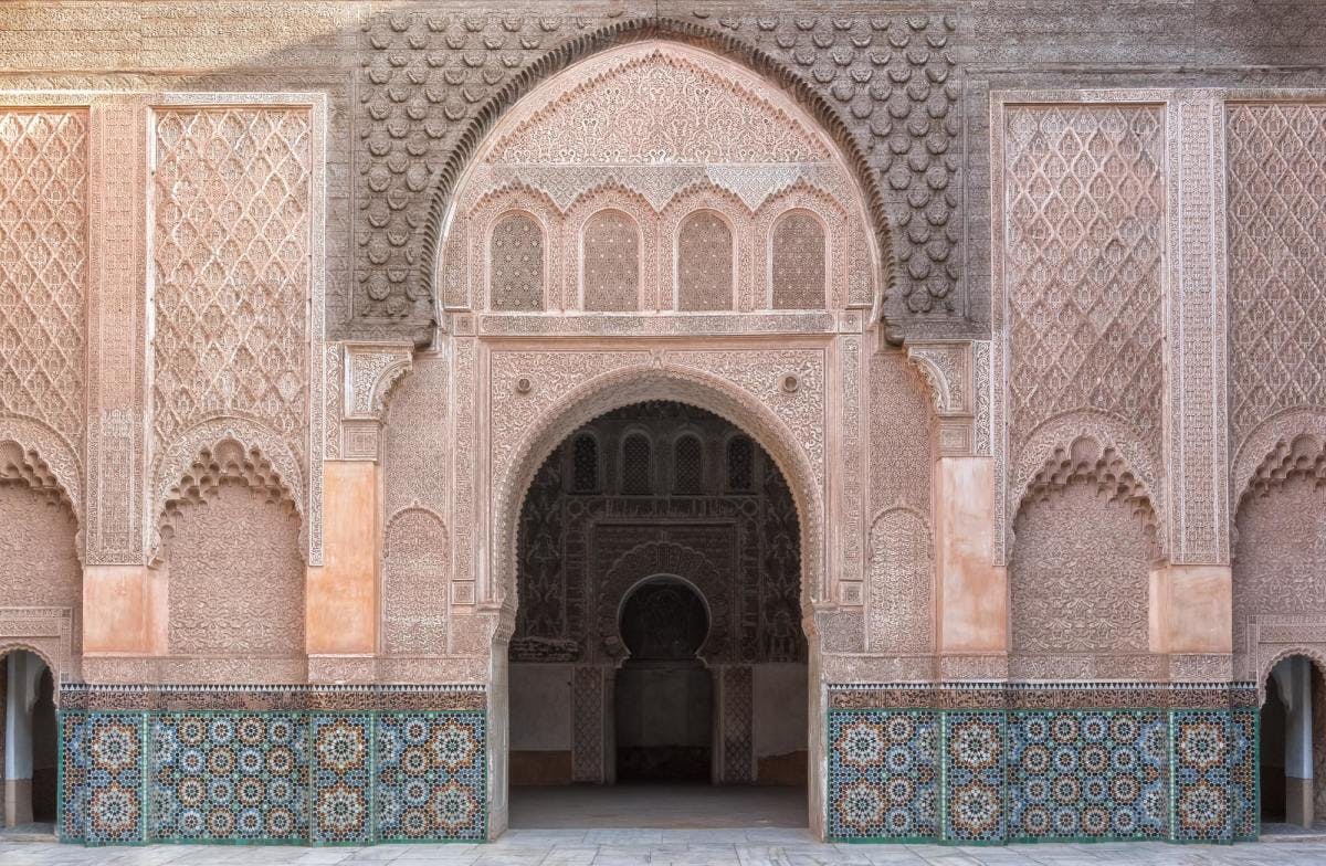 Building entrance with intricate design in Marrakech.
