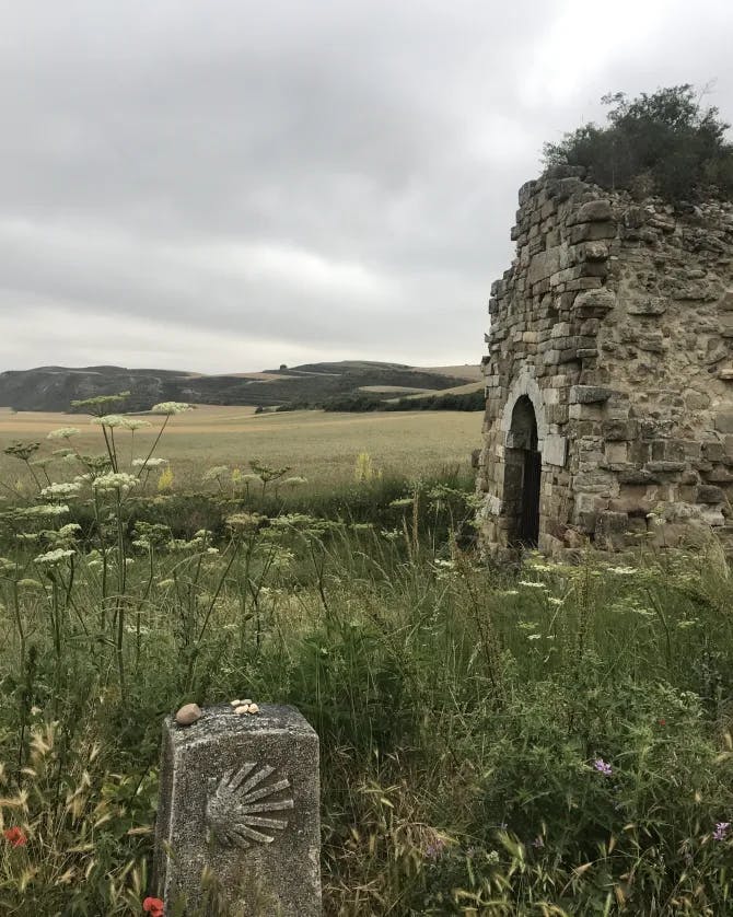 Picture of Ermita de San Felices in a grassy meadow with wildflowers on a cloudy day