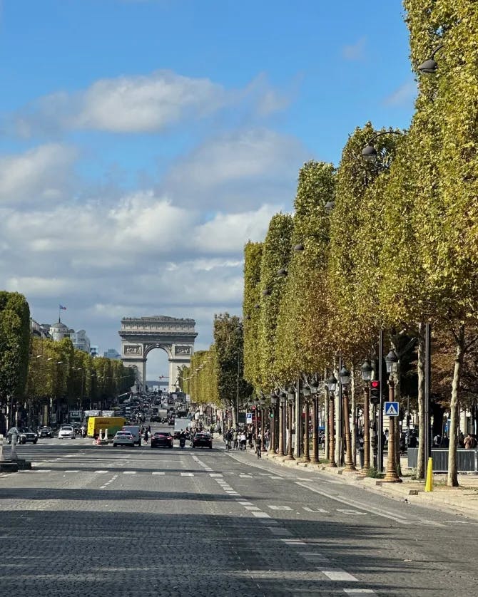 View of Arc Du Triomphe from a road lined with green trees