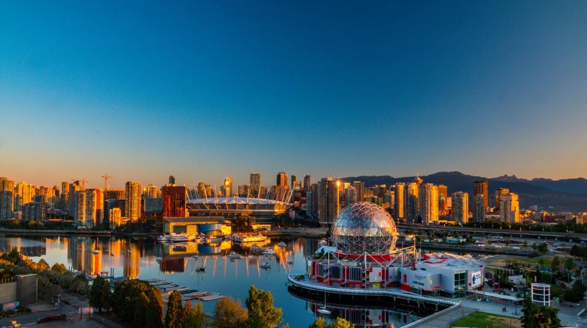 Vancouver skyline towards the end of sunset with globe.