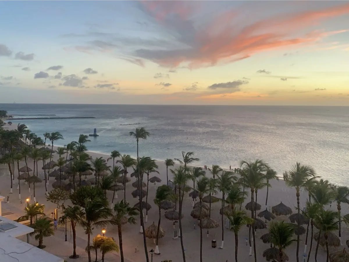 Ariel view of Aruba beach with palm trees and a beautiful sunset. 