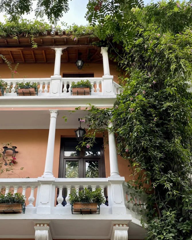 A beautiful view of the white balconies, planters and green vines at Hotel Casa La Fe