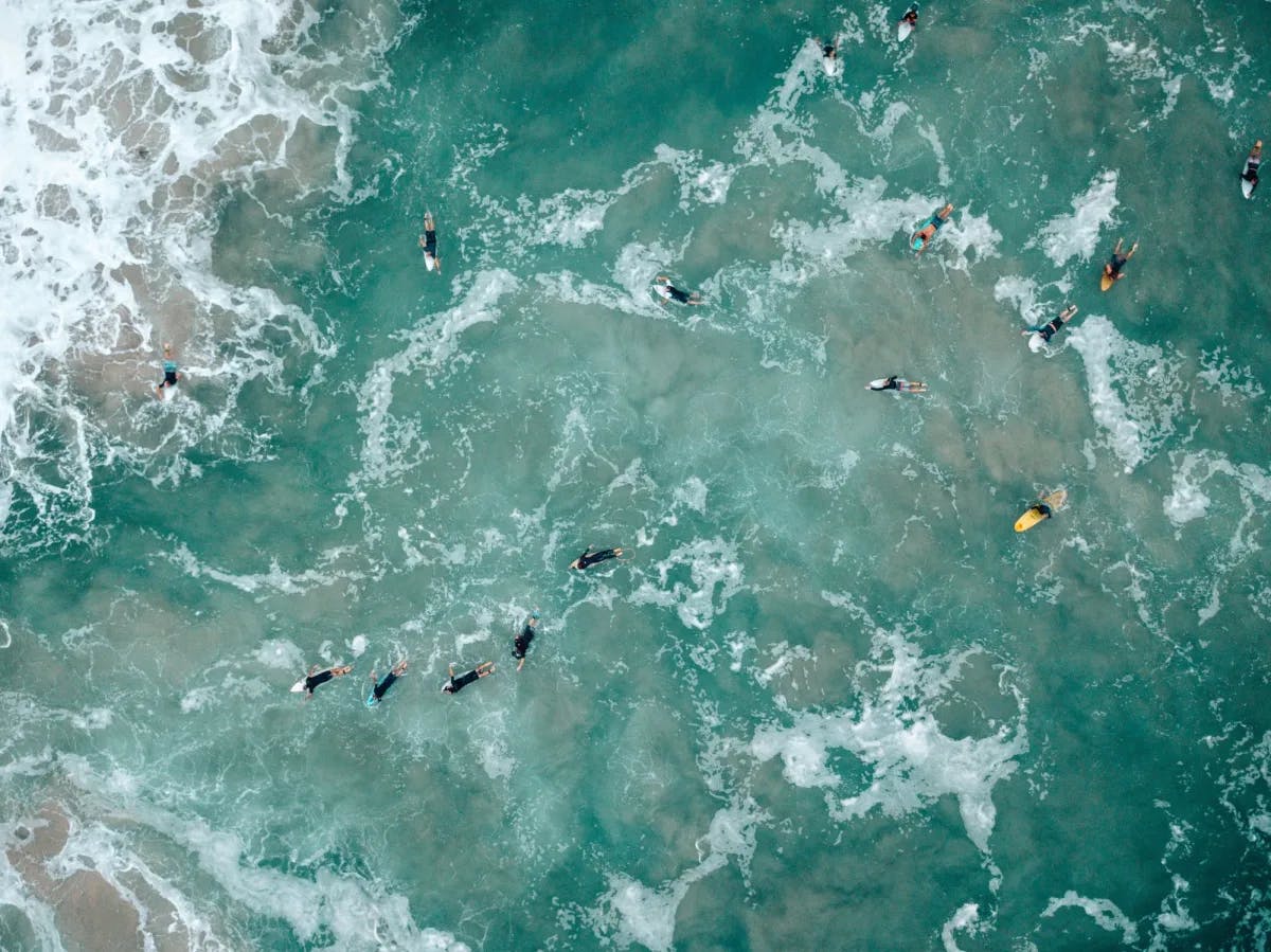 Aerial view of water body with people surfing. 