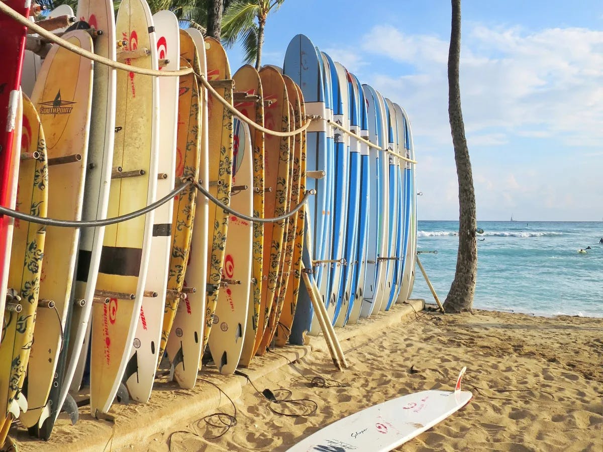 A group of surfboards standing up against each other on the beach 