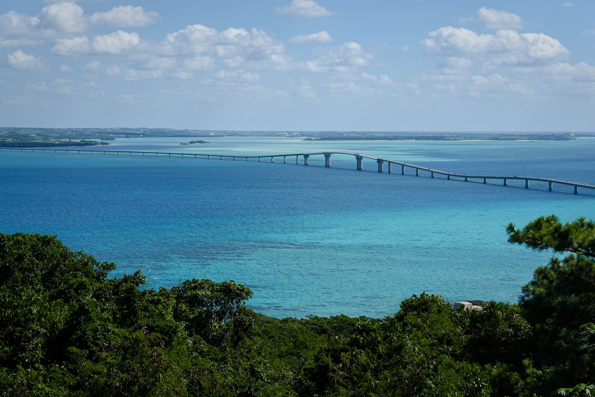 An ocean with a long bridge.