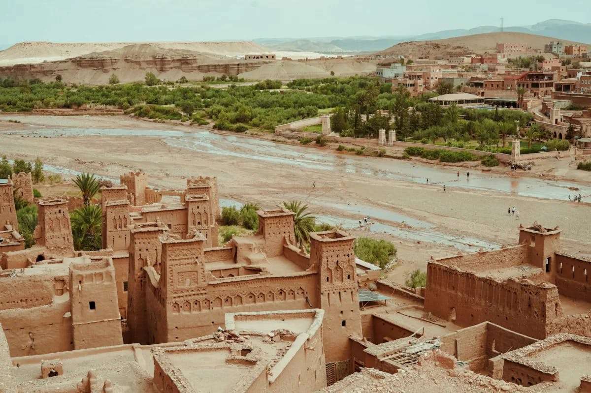 The ancient site of Aït Benhaddou, Morocco separated from Marrakech by a wet riverbed