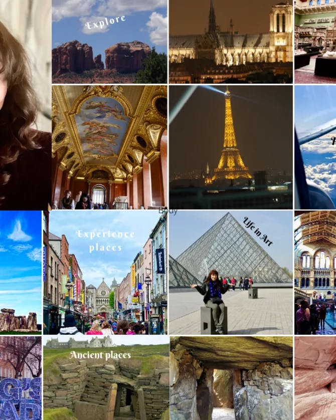 A photo collage of Shery and her travels 