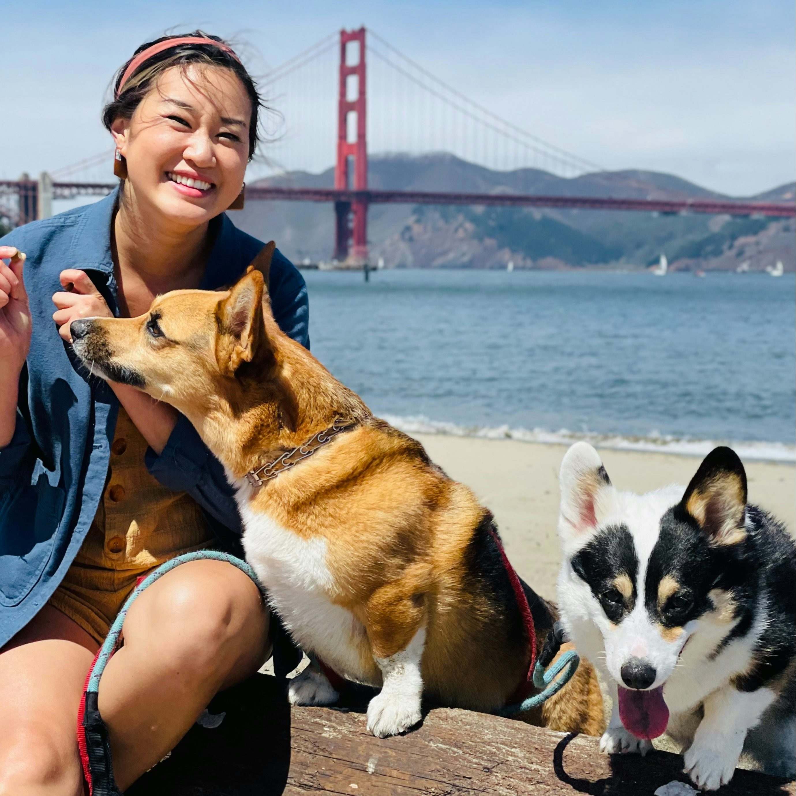 Travel advisor Sandi Lam Harder smiling in front of the Golden Gate Bridge with two dogs.
