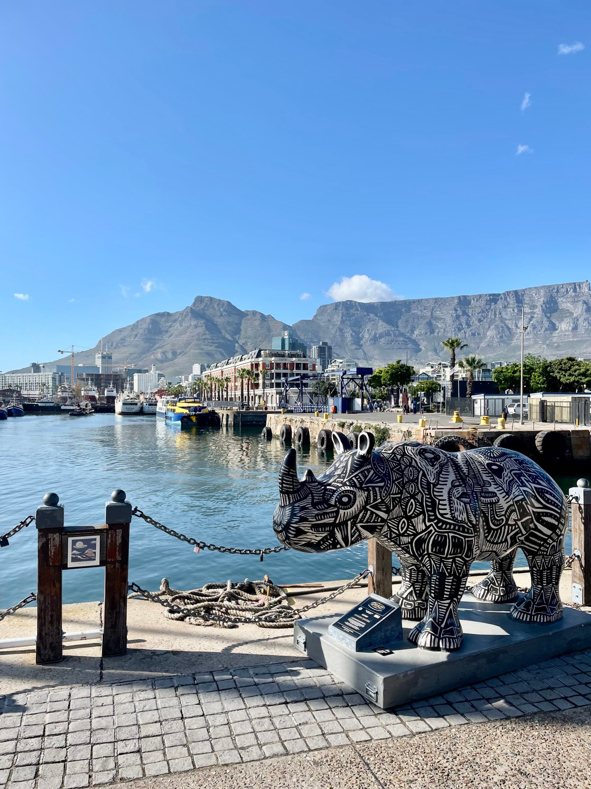coastal town with rhino sculpture