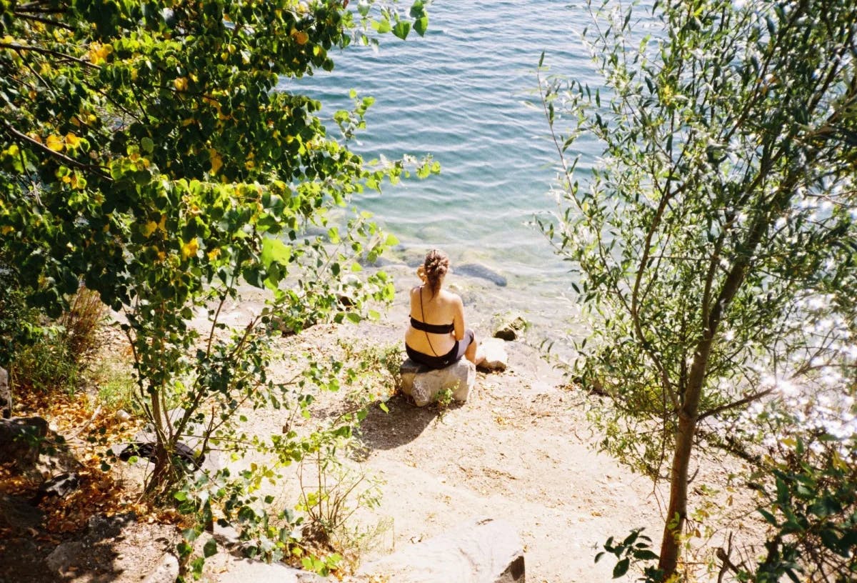 A woman sits near the edge of the water  between twin trees along a lakefront beach