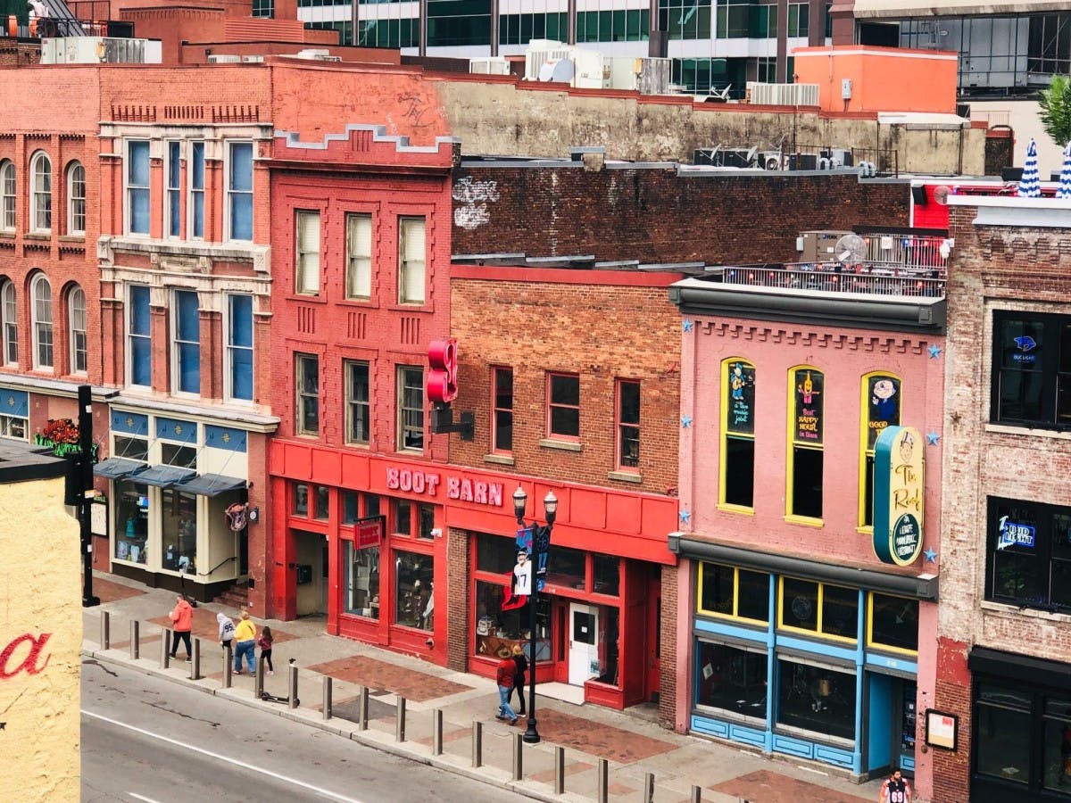 Colorful painted buildings on the street of Nashville, Tennessee. 