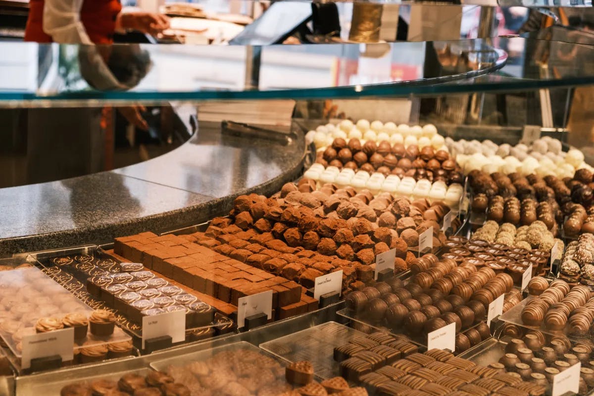A display of variety of chocolates at a store