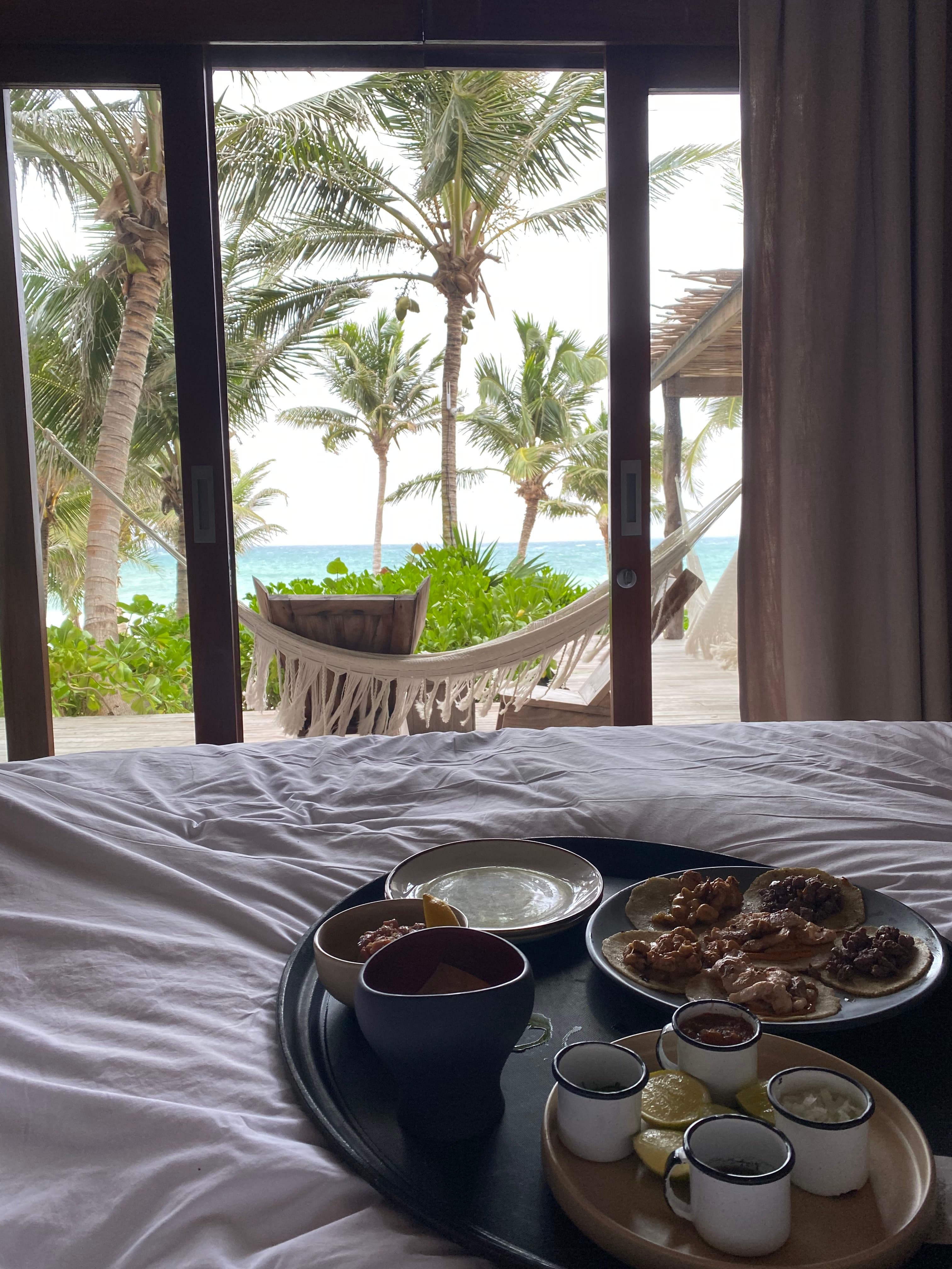 Breakfast and window view in the hotel room