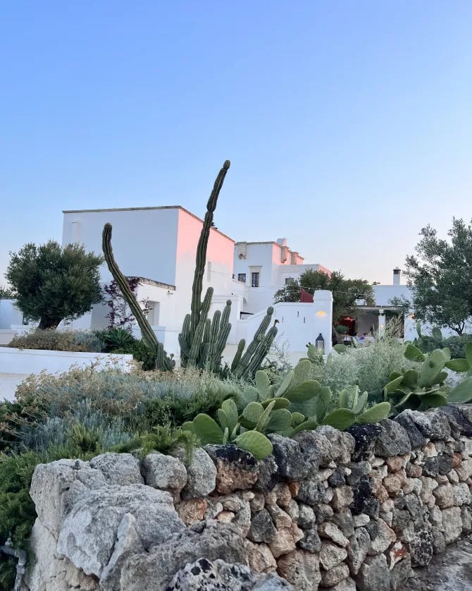 A picture of the Masseria Calderisi hotel at sunset with a rocky wall, green foliage and white buildings in the background 