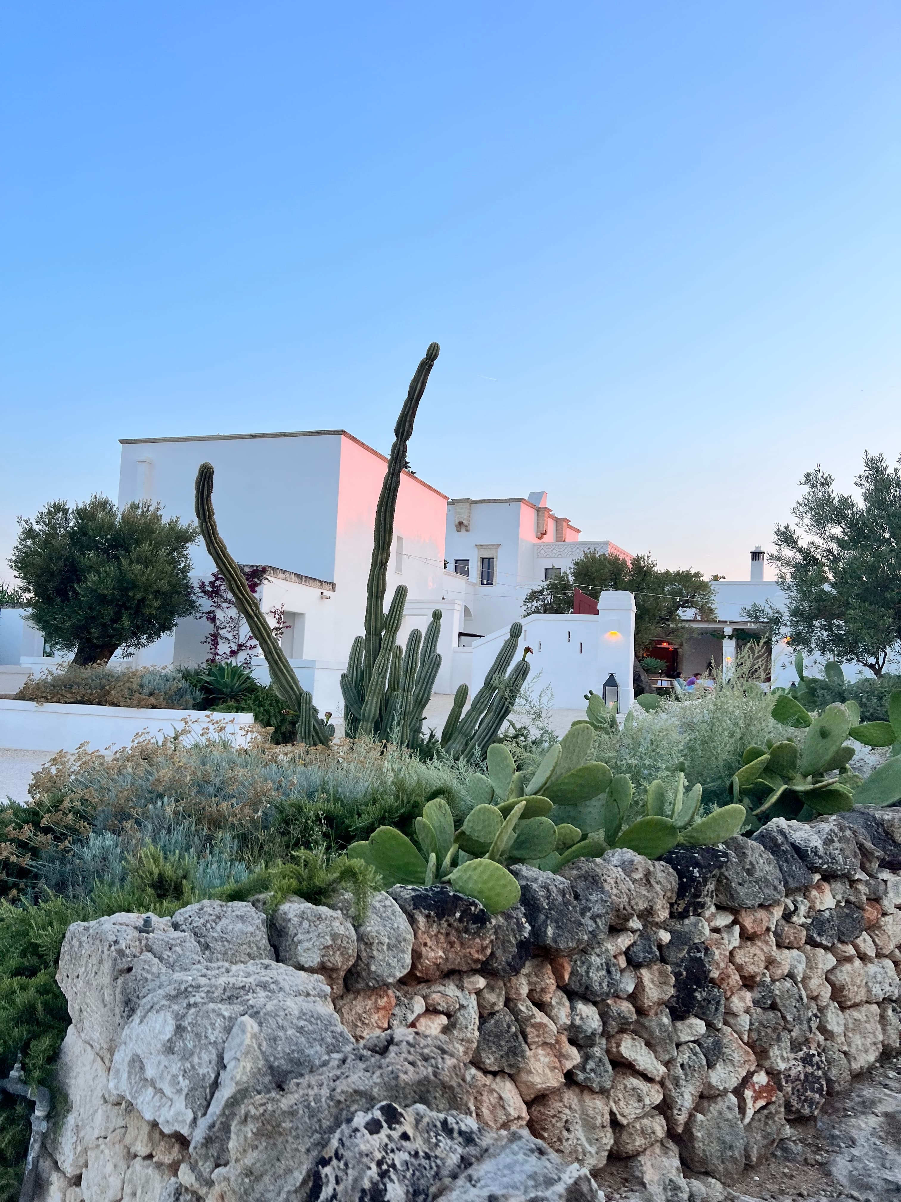 A picture of the Masseria Calderisi hotel at sunset with a rocky wall, green foliage and white buildings in the background