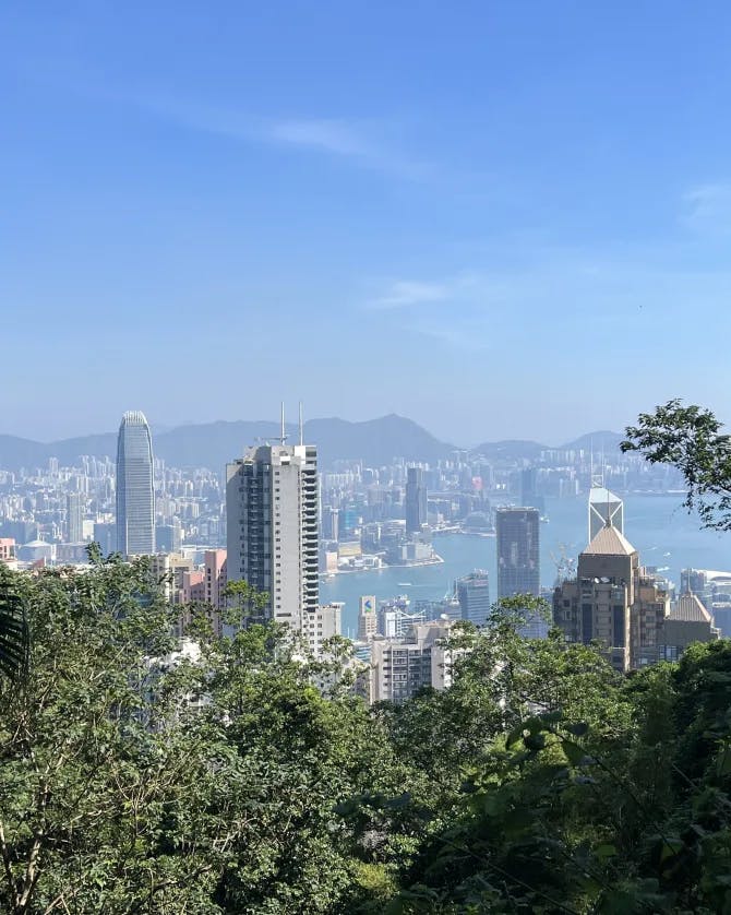 A view of Victoria Peak complete with green trees, a city skyline and blue water