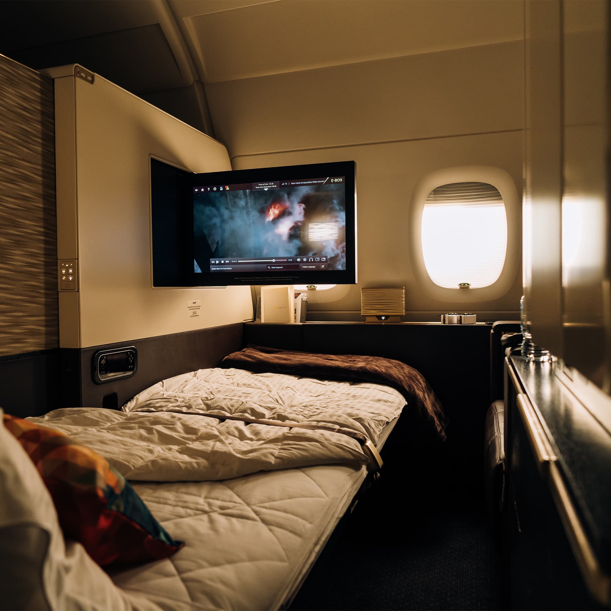 View of the plane's business class section with a window