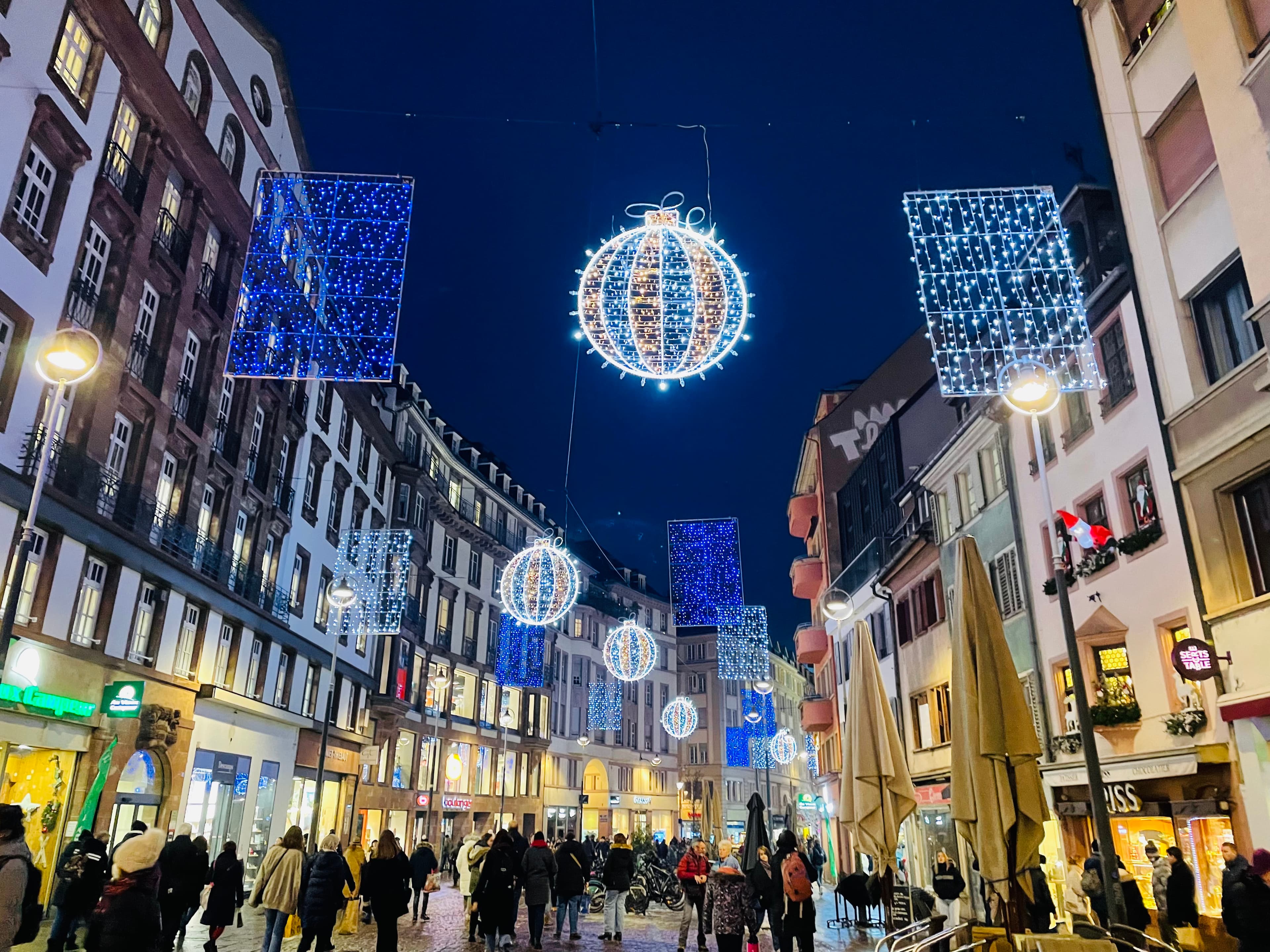 Street decorated with Christmas lights