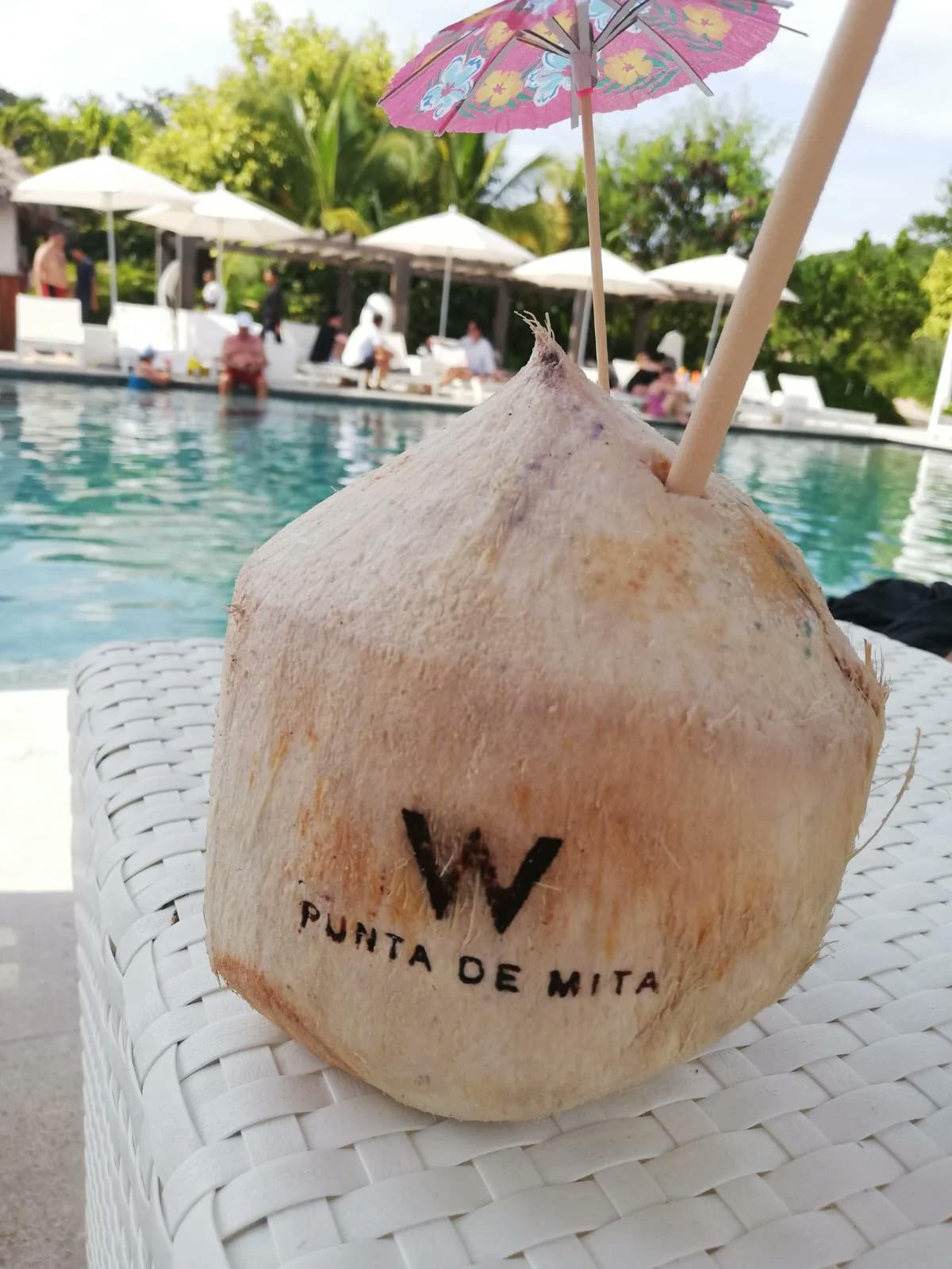 A coconut drink with "W Punta De Mita" Printed on it