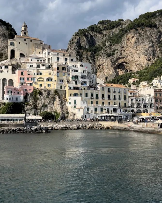 A beautiful view of Amalfi Coast with the water in front