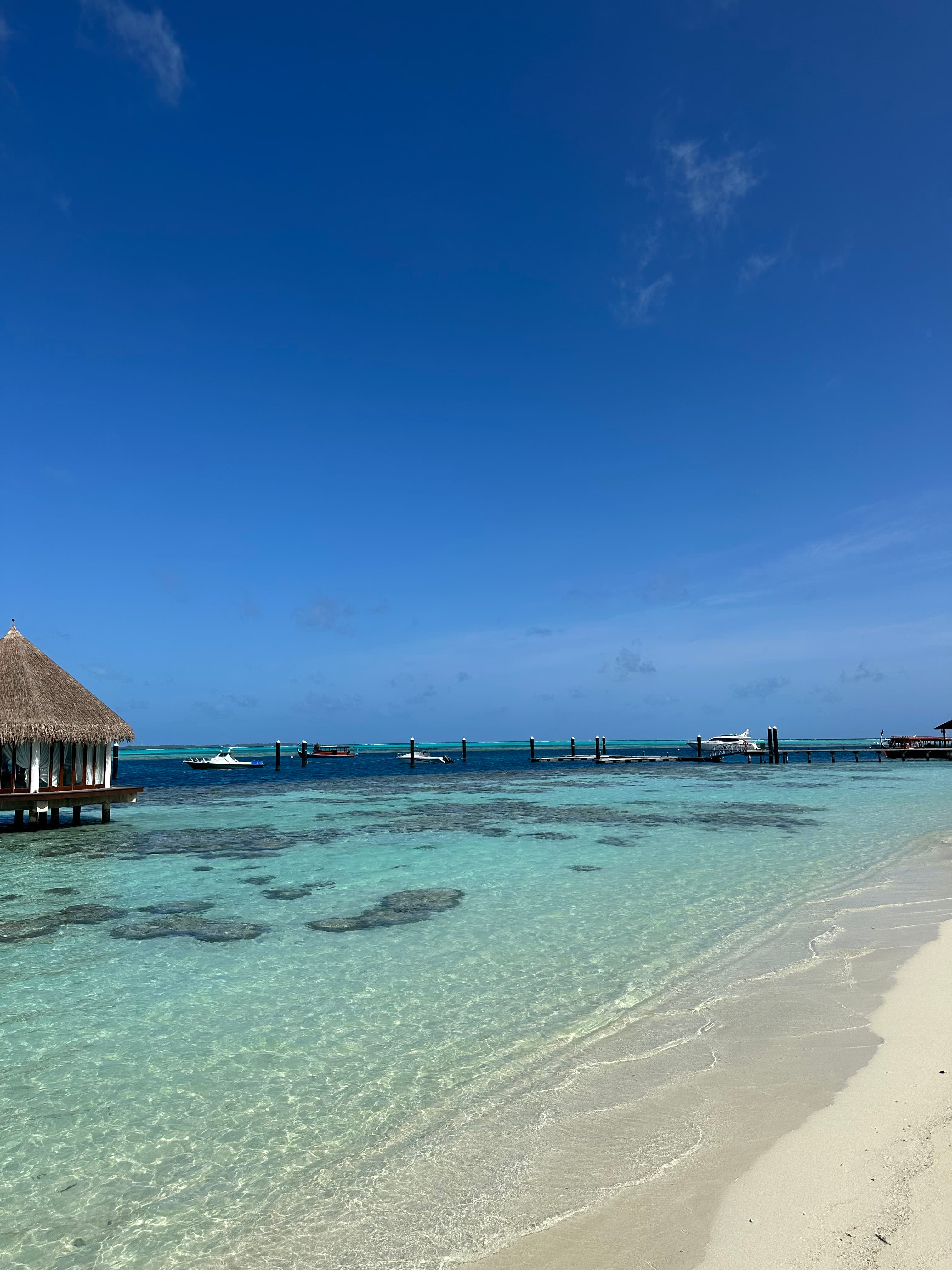 View of water bungalows at the beach