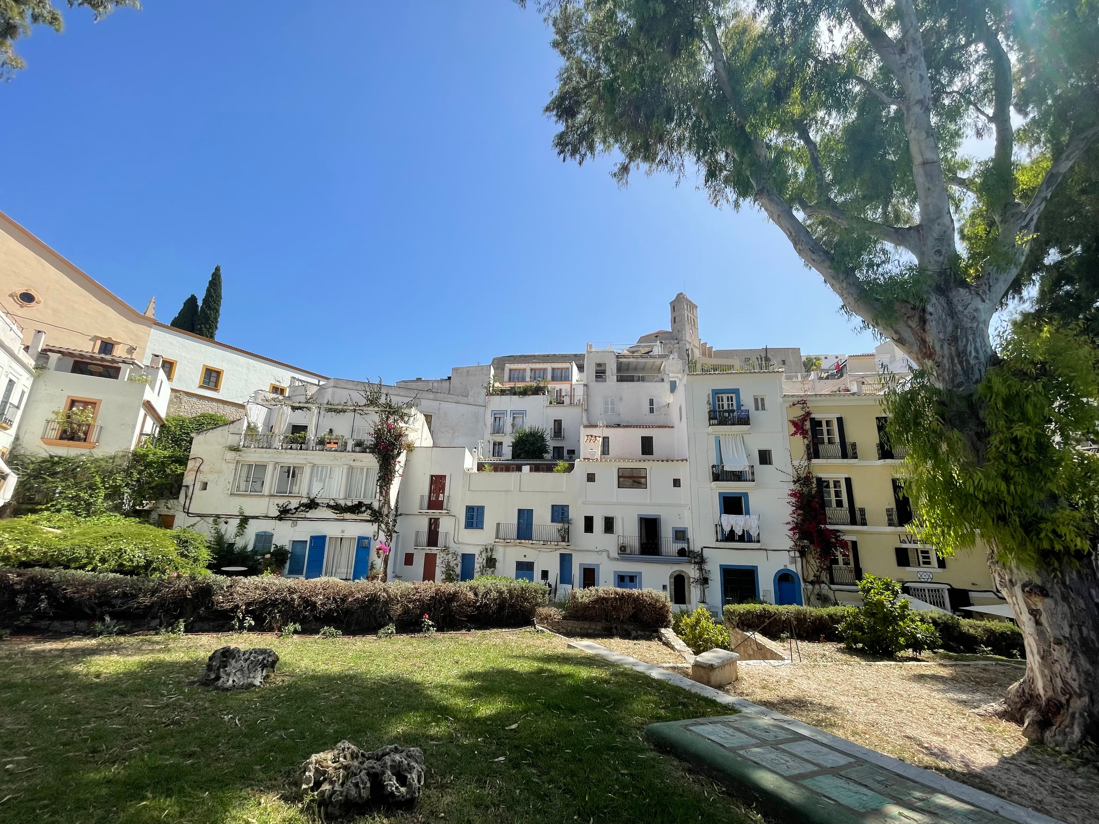 A view of a white building with green grass, trees and a dirt path in the forefront.