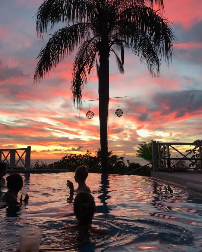 Three people enjoying a swimming pool near a palm tree under a pink and yellow sunset 