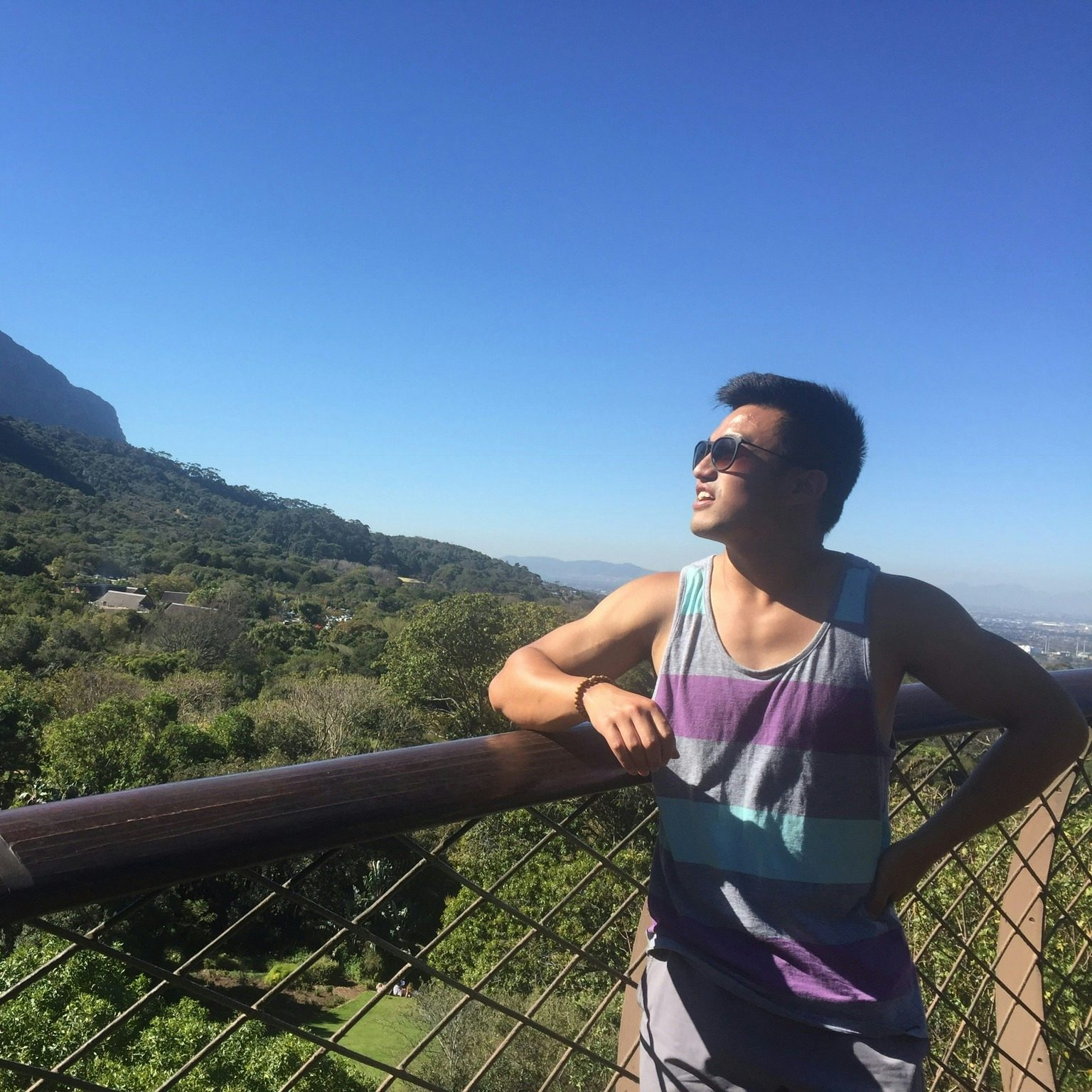 Travel Advisor Nicholas Jow in a purple and blue striped shirt looking at a mountain.