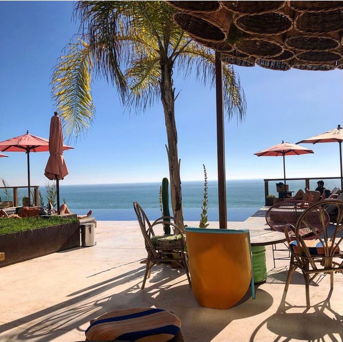 Picture of sitting area with palm trees, umbrellas and the ocean in the background