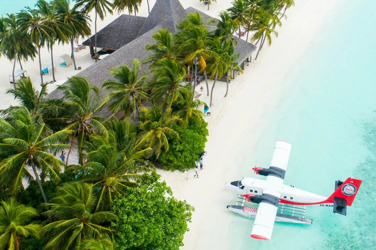 A small seaplane beached at a luxe and verdant travel resort somewhere in the Maldives