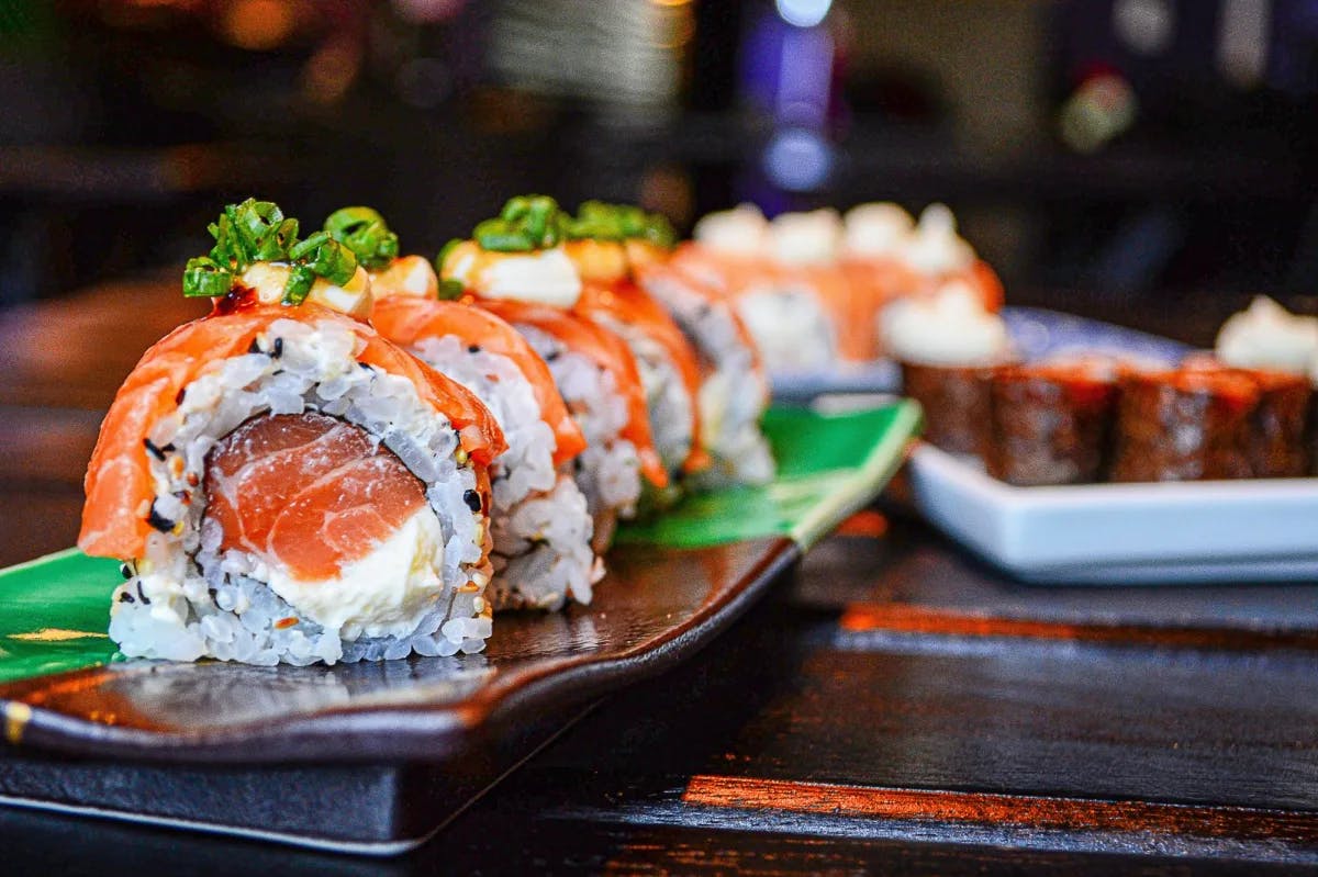Trays with sushi. 