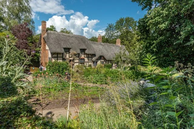 A house with thatched roof and large garden