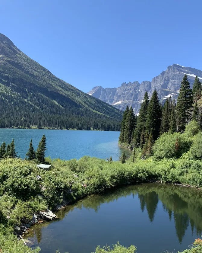 A picture of Glacier National Park under a clear blue sky 