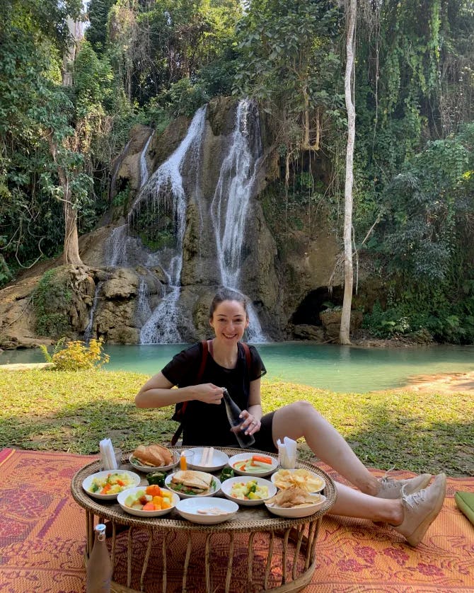 Picture of Jillianne having lunch at Kuang Si Waterfall