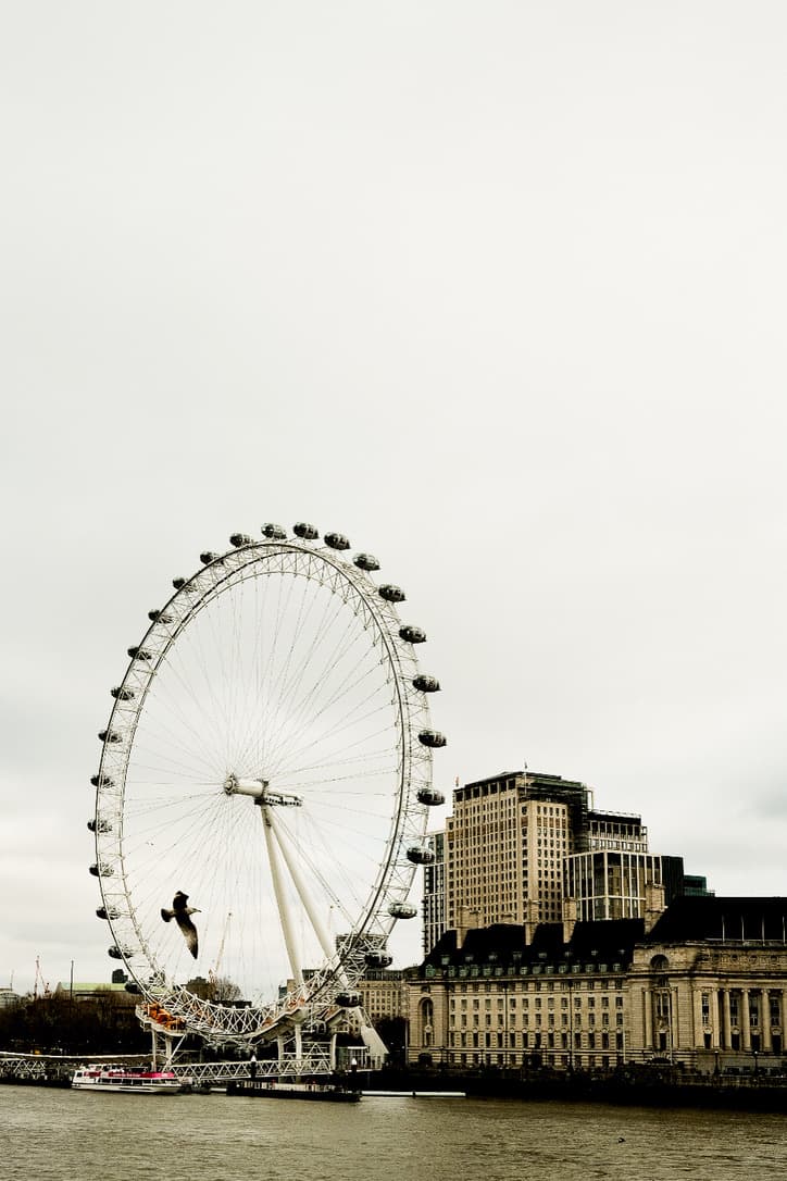 View of a Ferris wheel in a city with a gray, overcast sky